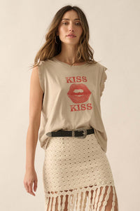 Kiss Kiss Distressed Sleeveless Graphic Tee - ShopPromesa