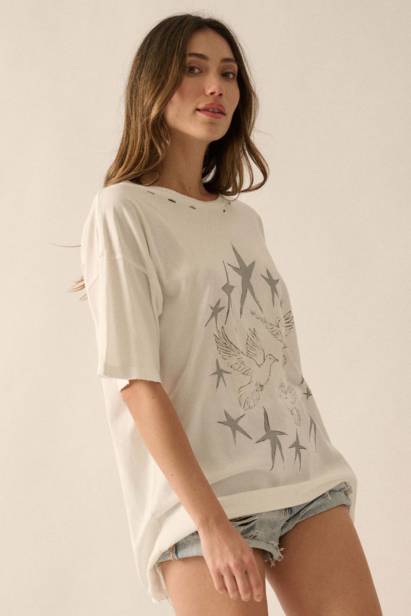 When Doves Fly Distressed Oversize Graphic Tee - ShopPromesa