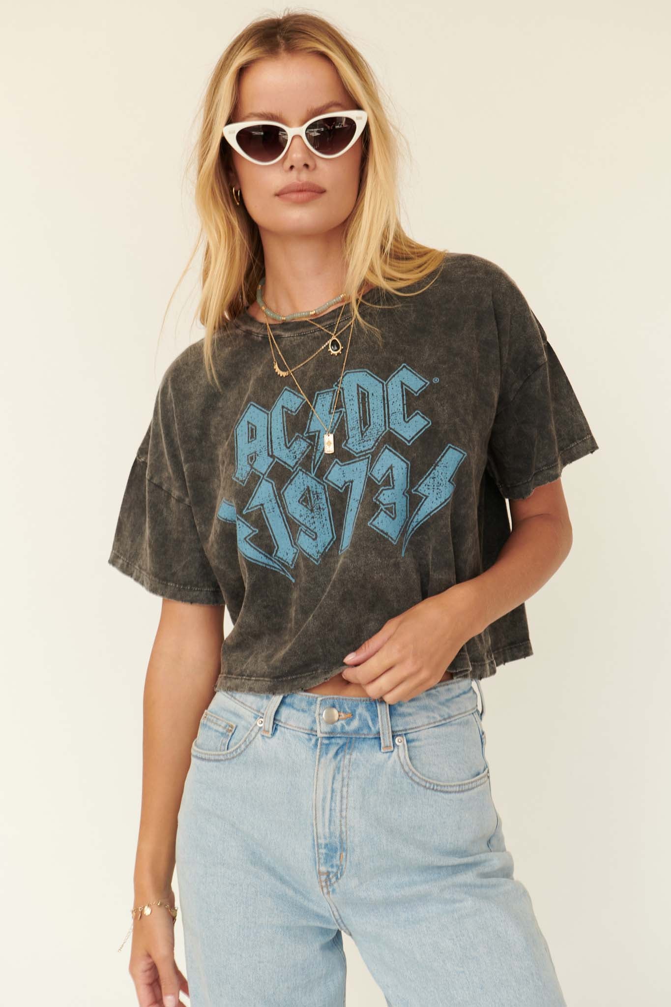 AC/DC 1973 Vintage-Wash Cropped Graphic Tee - ShopPromesa