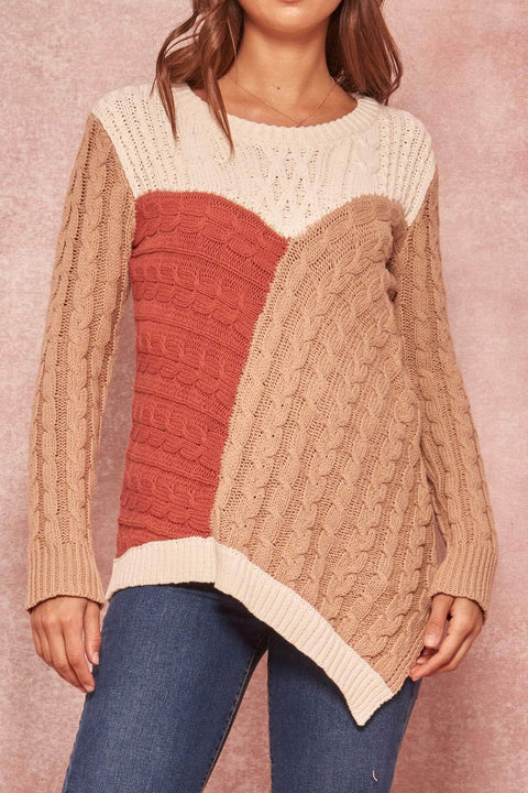 Mixed Signals Patchwork Cable Knit Sweater - ShopPromesa