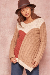 Mixed Signals Patchwork Cable Knit Sweater - ShopPromesa