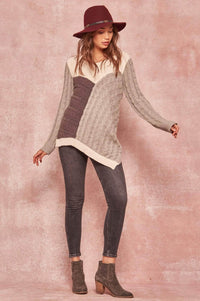 Mixed Signals Patchwork Cable Knit Sweater - ShopPromesa