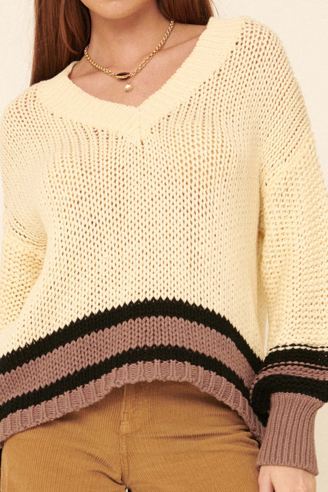 Gentle Soul Striped Crochet V-Neck Sweater - ShopPromesa