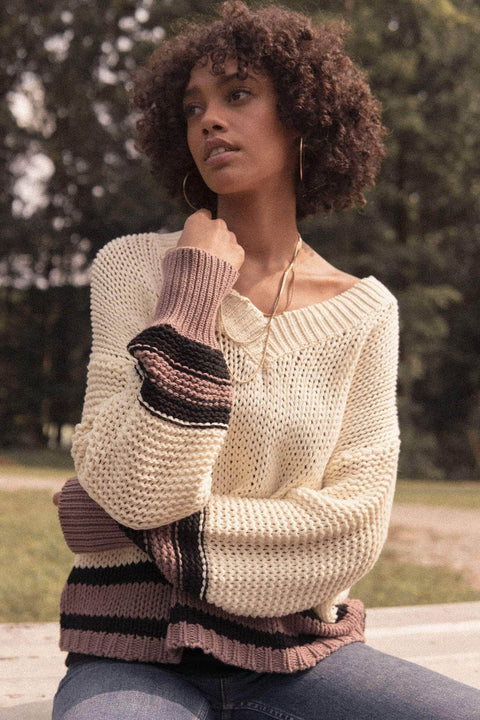 Gentle Soul Striped Crochet V-Neck Sweater - ShopPromesa