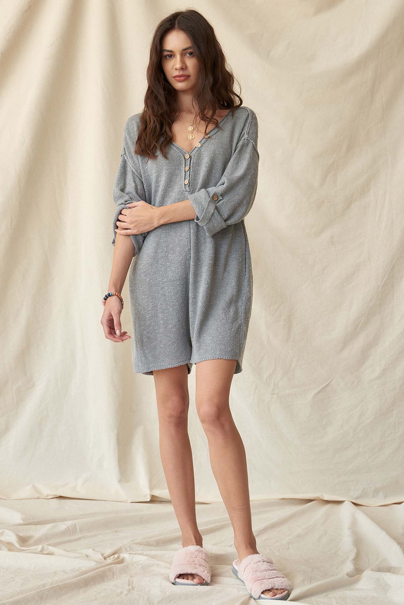 Just Breathe Roll-Up Henley Sweater Romper - ShopPromesa