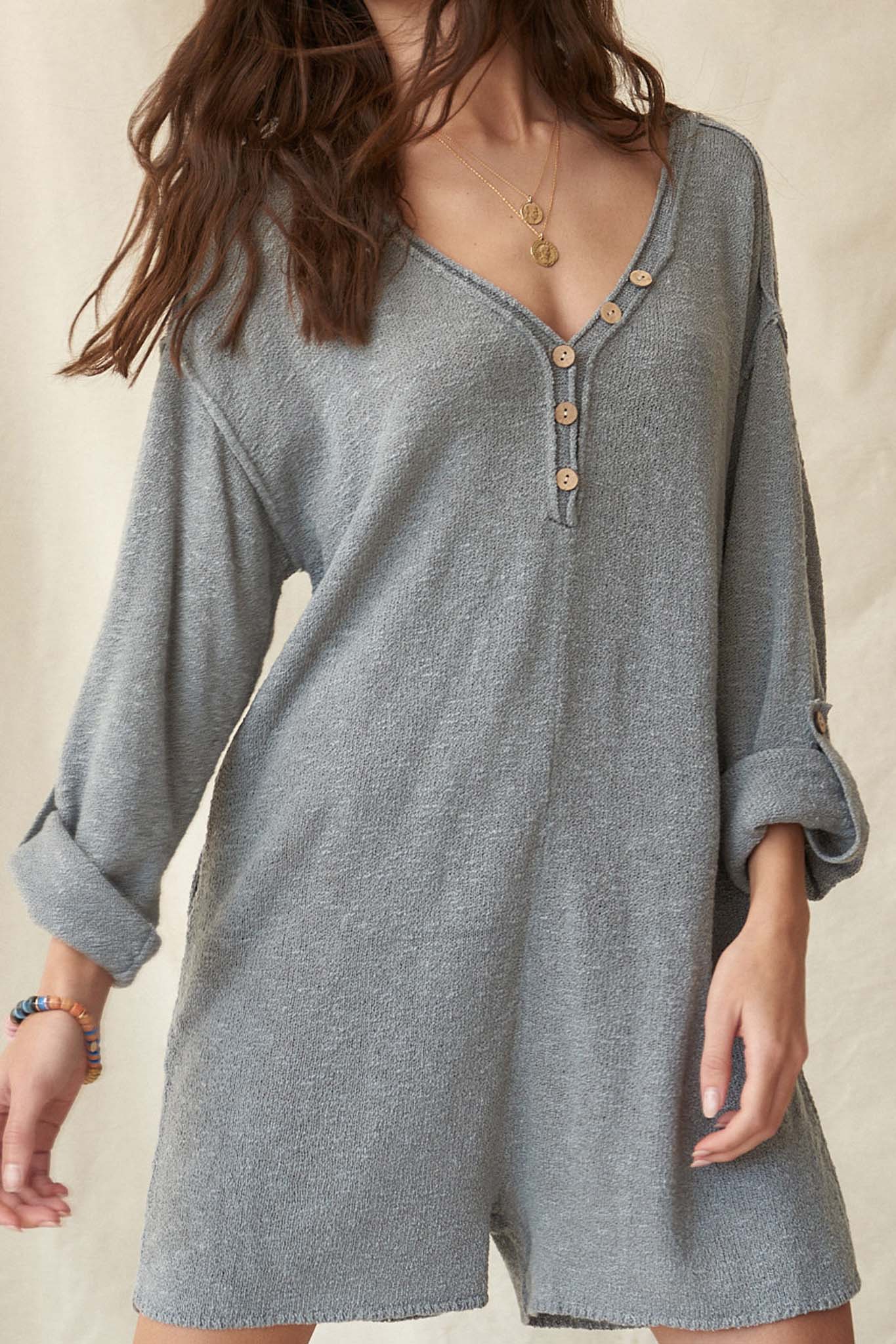 Just Breathe Roll-Up Henley Sweater Romper - ShopPromesa