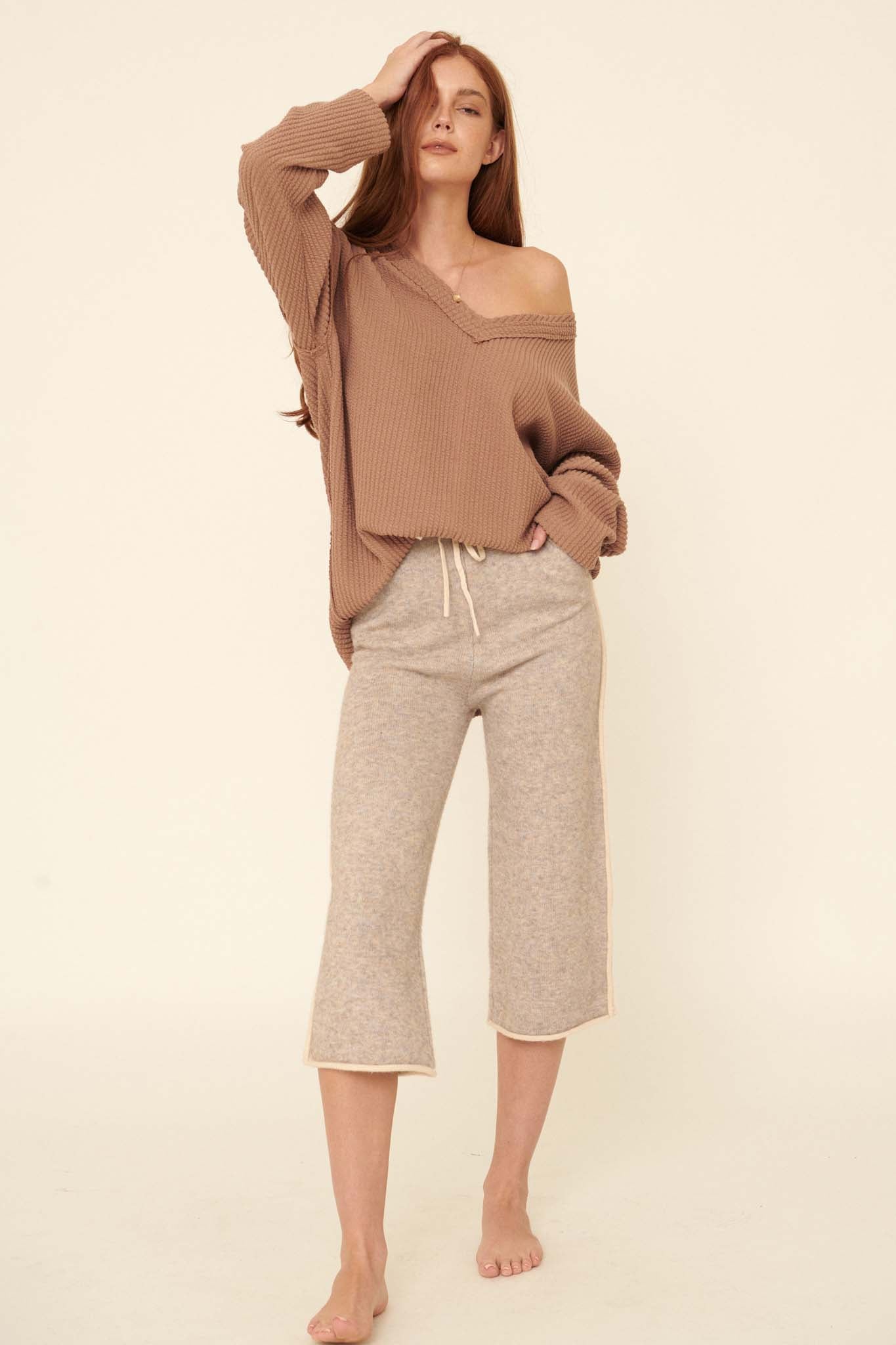 Cozy Town Exposed-Seam Cropped Sweater Pants - ShopPromesa