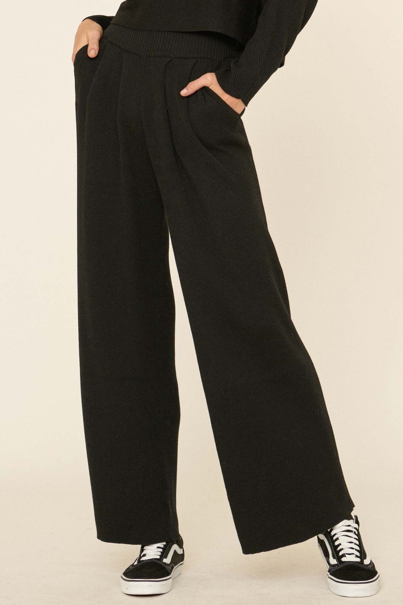 Simple Bliss Pleated Rib-Knit Pocket Sweater Pants - ShopPromesa