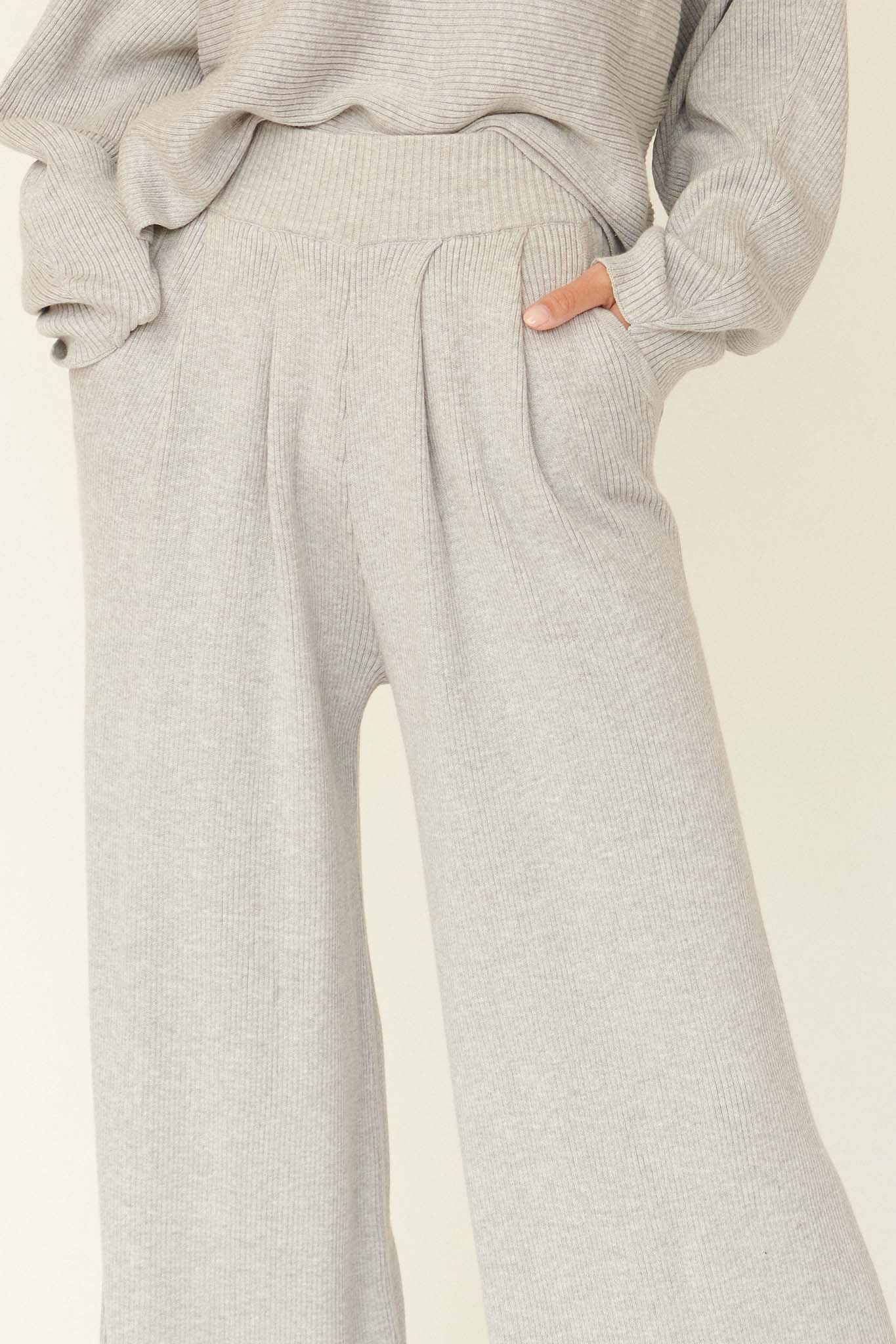 Simple Bliss Pleated Rib-Knit Pocket Sweater Pants - ShopPromesa