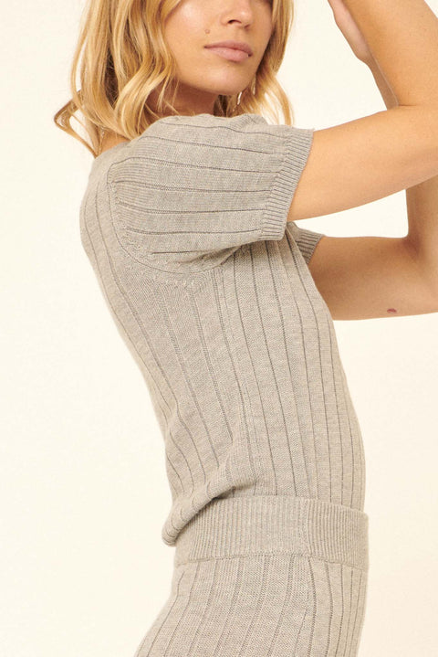 Simply Sweet Rib-Knit Short-Sleeve Henley Sweater - ShopPromesa