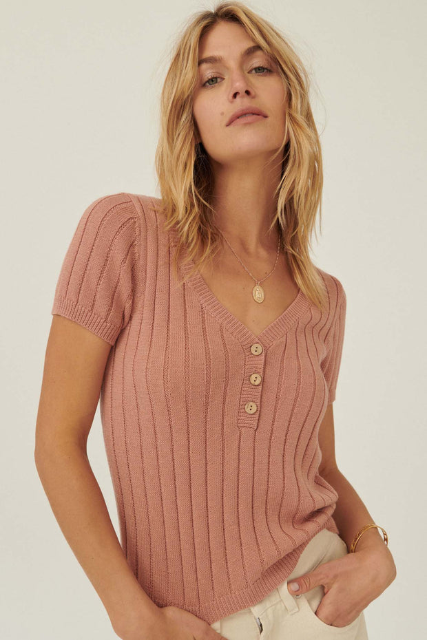Simply Sweet Rib-Knit Short-Sleeve Henley Sweater - ShopPromesa