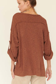 Slow Your Roll Exposed-Seam Roll-Up Henley Sweater - ShopPromesa