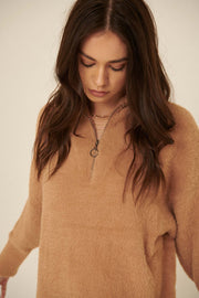Cuddle Up Half-Zip Fuzzy Knit Sweater Dress - ShopPromesa