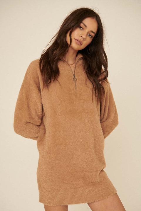 Cuddle Up Half-Zip Fuzzy Knit Sweater Dress - ShopPromesa