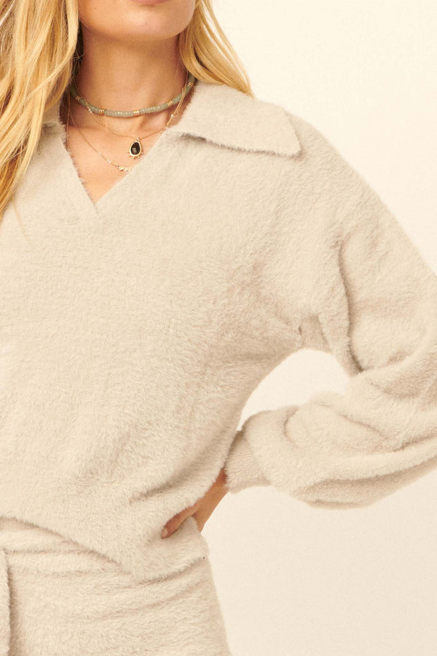 Fluffy Bunny Collared Fuzzy Knit Sweater - ShopPromesa
