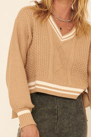 Perfect Serve Side-Tie Cable Knit Varsity Sweater - ShopPromesa