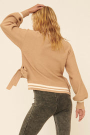 Perfect Serve Side-Tie Cable Knit Varsity Sweater - ShopPromesa