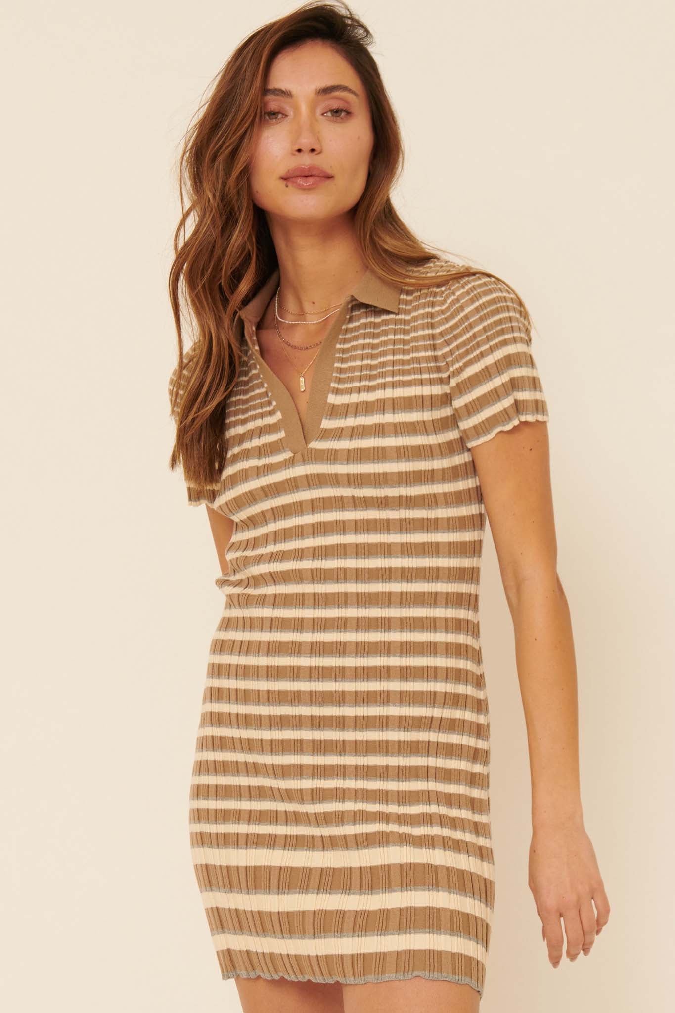 Good Sport Striped Rib-Knit Polo Mini Dress - ShopPromesa