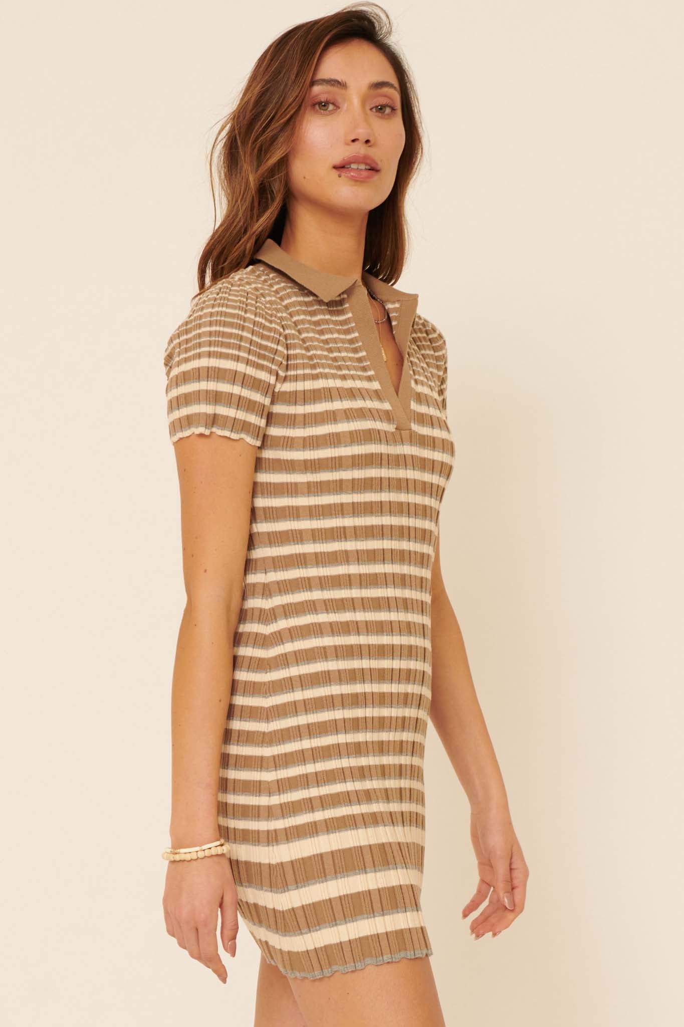 Good Sport Striped Rib-Knit Polo Mini Dress - ShopPromesa