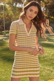 Good Sport Striped Rib-Knit Polo Mini Dress - ShopPromesa
