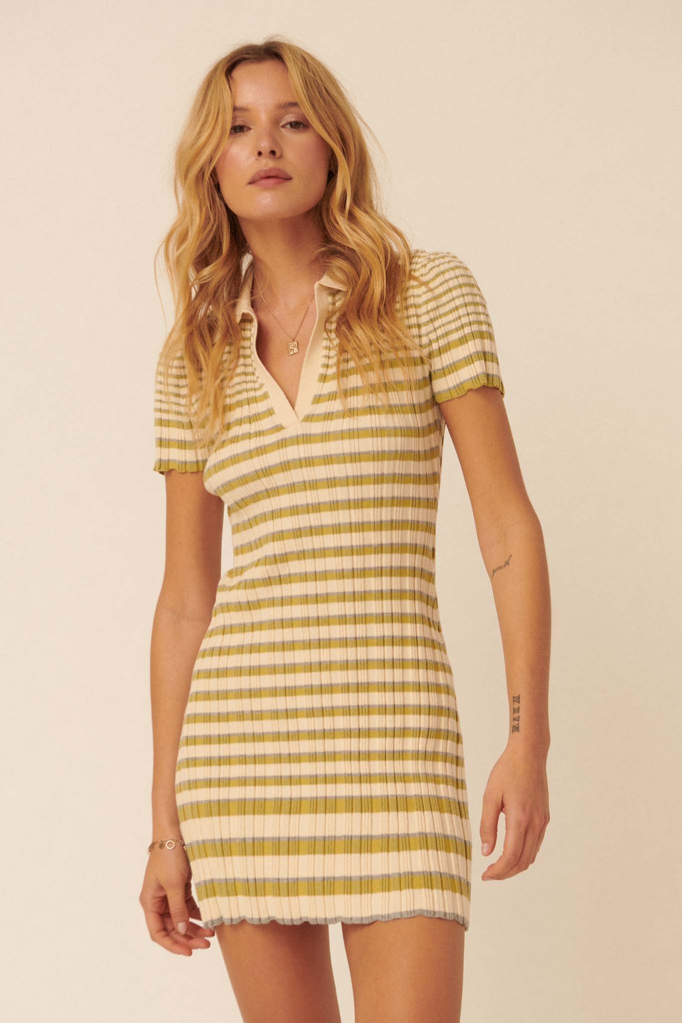 Good Sport Striped Rib-Knit Polo Mini Dress - ShopPromesa