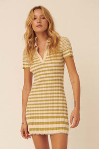 Good Sport Striped Rib-Knit Polo Mini Dress - ShopPromesa