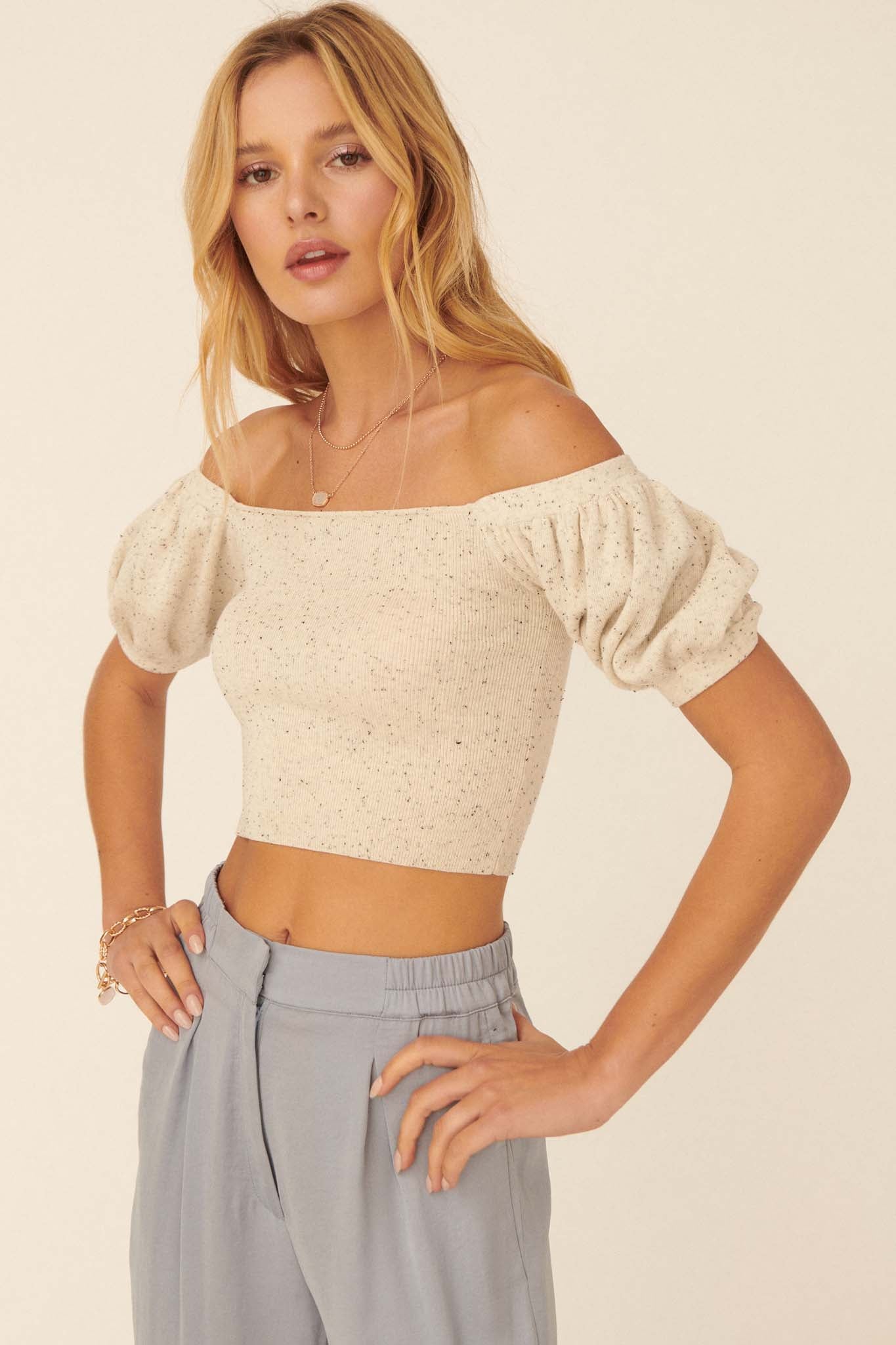 Earth Angel Off-Shoulder Puff-Sleeve Crop Top - ShopPromesa