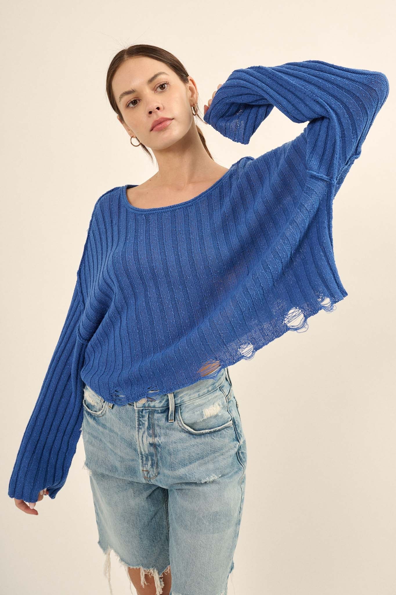 Mad Love Distressed Ribbed Knit Sweater - ShopPromesa