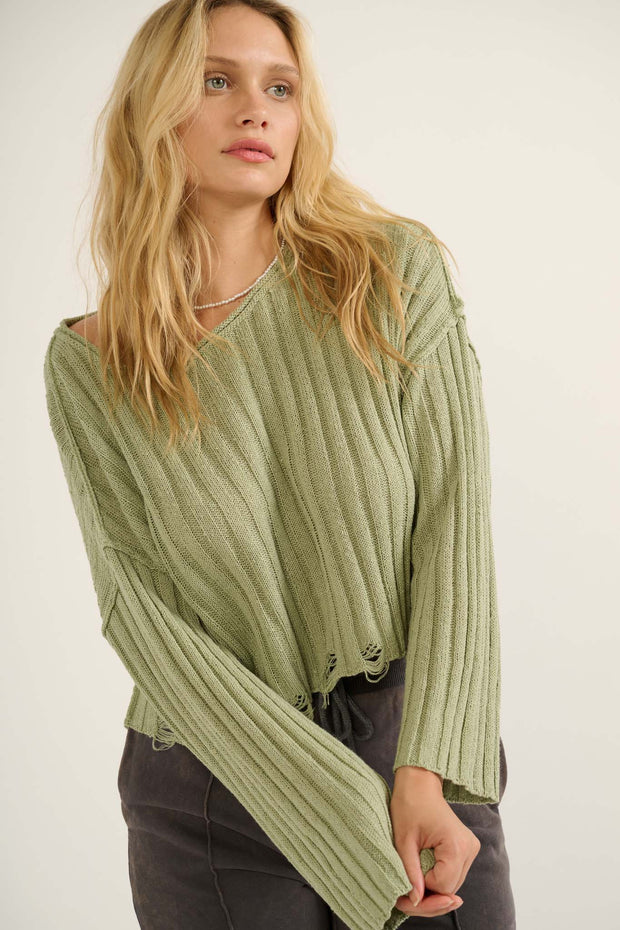 Beautifully Free Distressed Rib-Knit Sweater - ShopPromesa