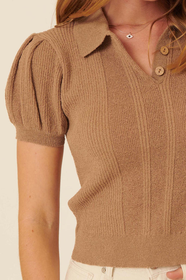 Speak Up Ribbed Puff-Sleeve Polo Sweater - ShopPromesa