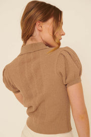 Speak Up Ribbed Puff-Sleeve Polo Sweater - ShopPromesa