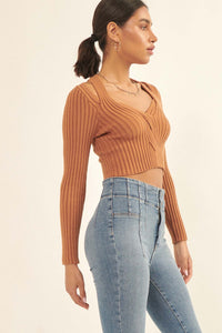 On Lock Cropped Rib-Knit Keyhole Sweater - ShopPromesa