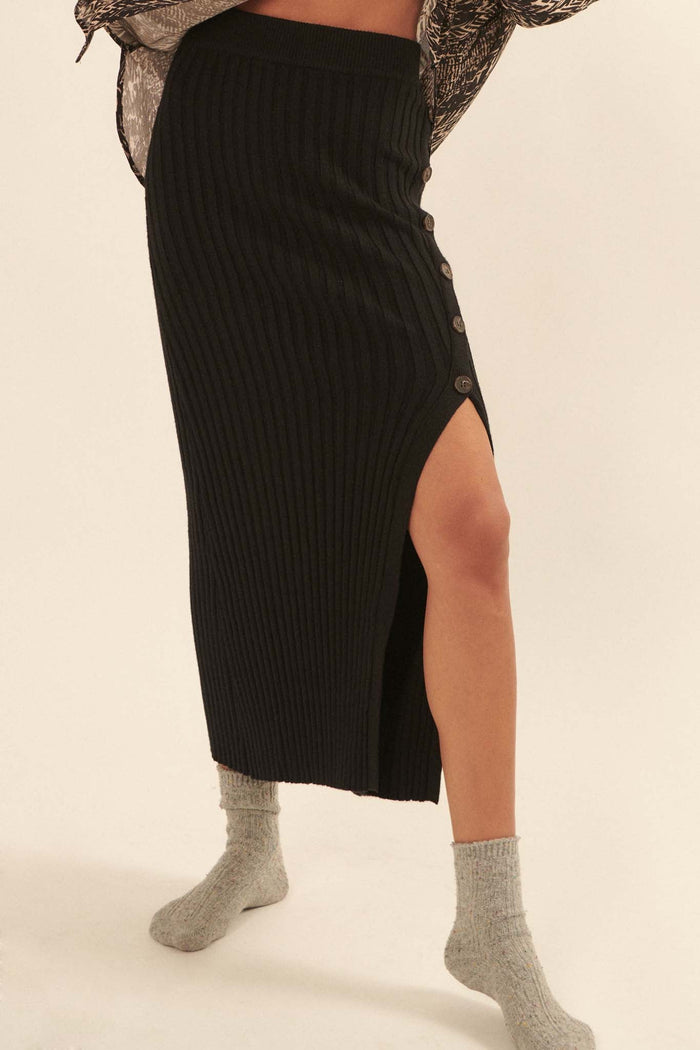 Warm Soul Buttoned Rib-Knit Midi Sweater Skirt - ShopPromesa