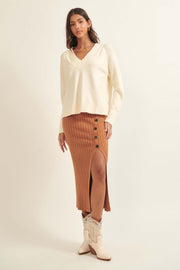 Warm Soul Buttoned Rib-Knit Midi Sweater Skirt - ShopPromesa