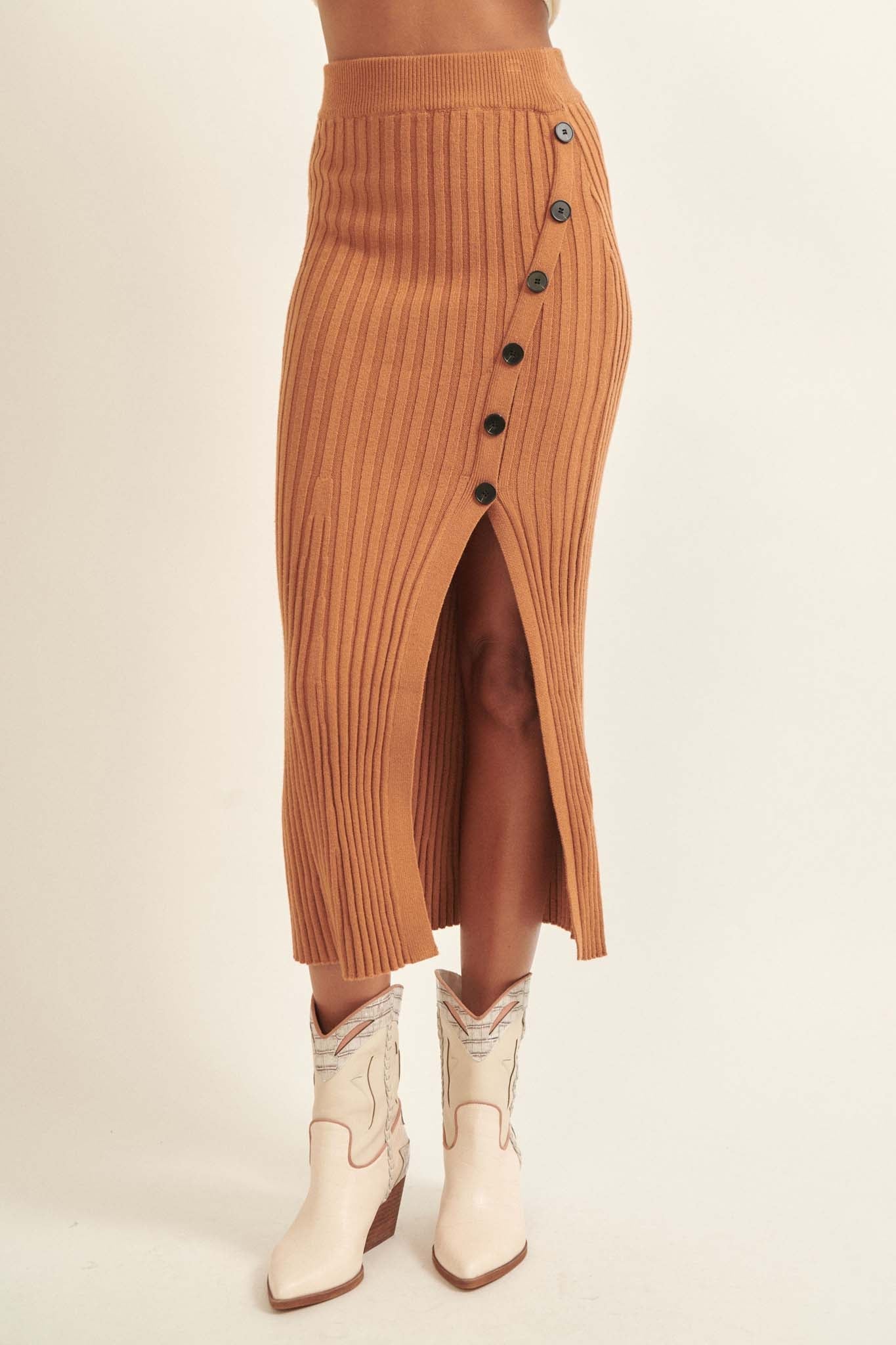 Warm Soul Buttoned Rib-Knit Midi Sweater Skirt - ShopPromesa