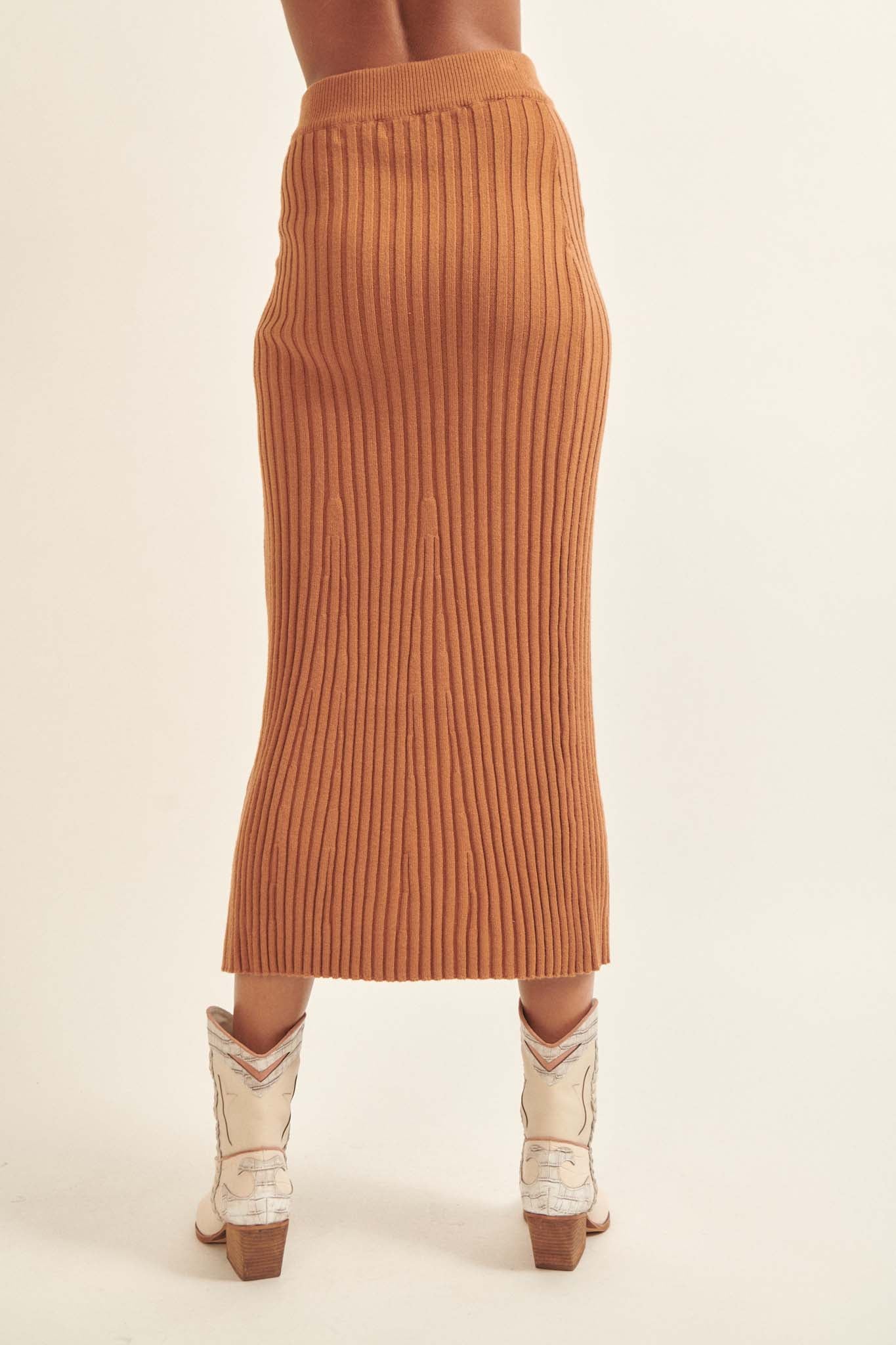 Warm Soul Buttoned Rib-Knit Midi Sweater Skirt - ShopPromesa