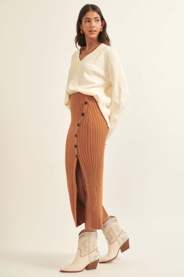 Warm Soul Buttoned Rib-Knit Midi Sweater Skirt - ShopPromesa
