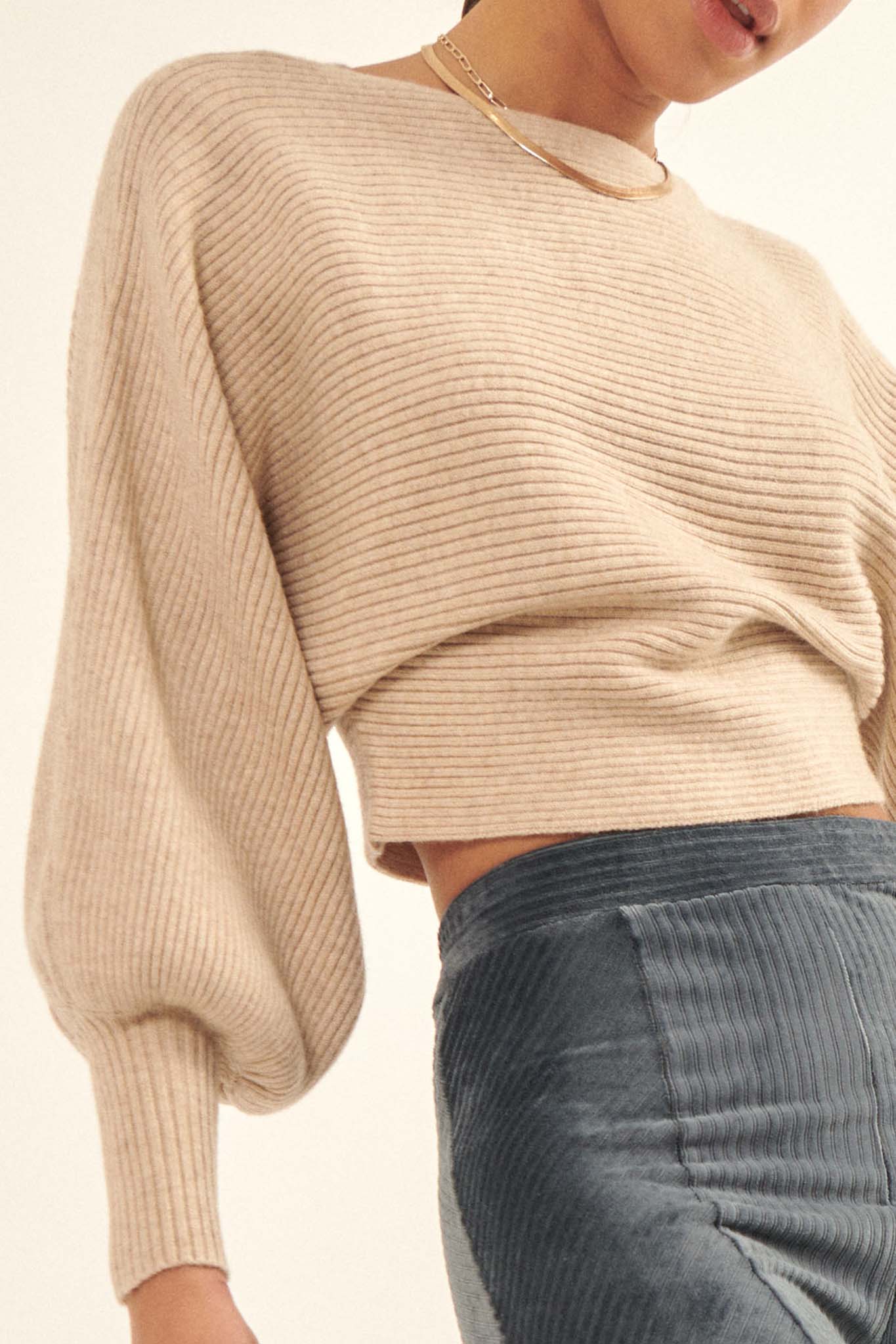 Fine Lines Cropped Rib-Knit Boatneck Sweater - ShopPromesa