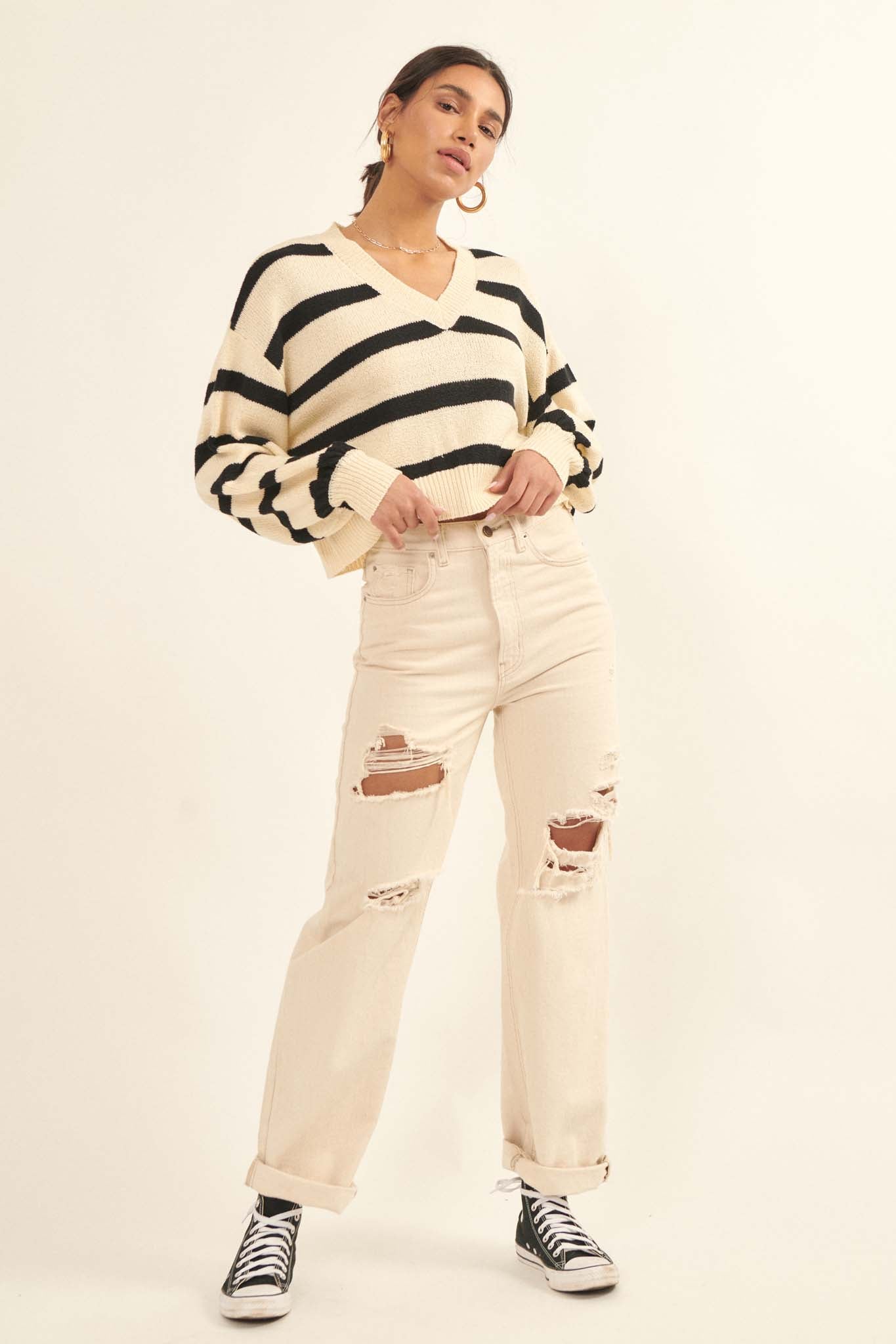 Lesson Learned Striped V-Neck Cropped Sweater - ShopPromesa