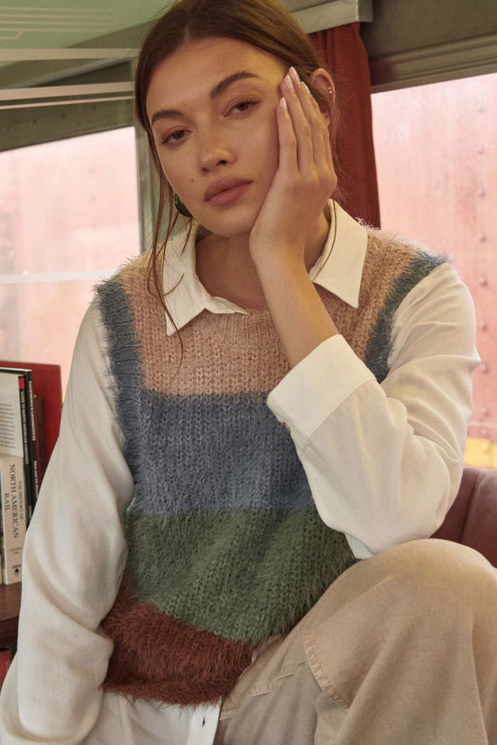 Soft Power Furry Knit Colorblock Sweater Vest - ShopPromesa