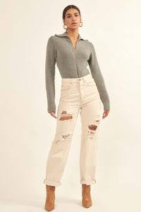 Body Talk Ribbed Knit Zip-Up Sweater Bodysuit - ShopPromesa