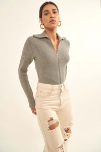 Body Talk Ribbed Knit Zip-Up Sweater Bodysuit - ShopPromesa