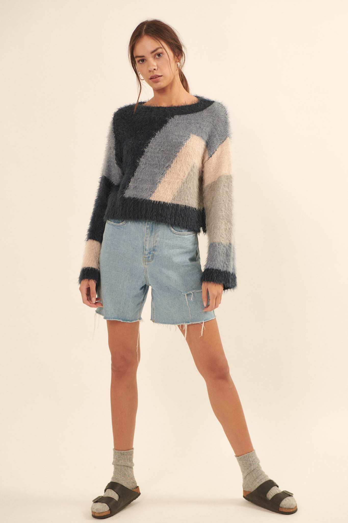 Plush Life Furry Knit Colorblock Sweater - ShopPromesa