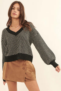 New Direction Herringbone Stripe V-Neck Sweater - ShopPromesa