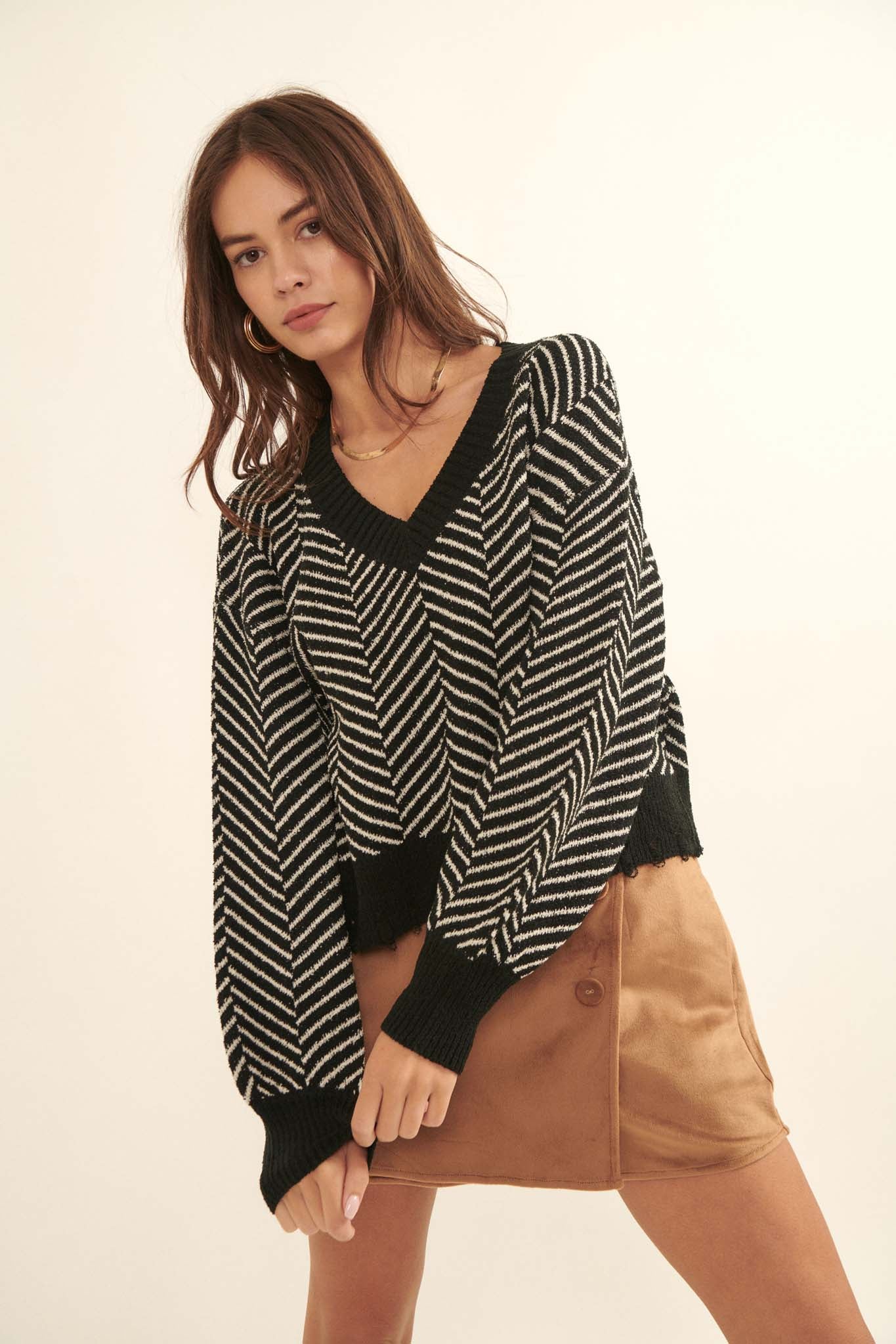 New Direction Herringbone Stripe V-Neck Sweater - ShopPromesa