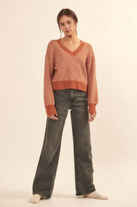 New Direction Herringbone Stripe V-Neck Sweater - ShopPromesa