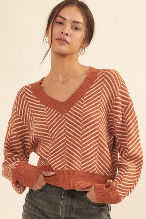 New Direction Herringbone Stripe V-Neck Sweater - ShopPromesa