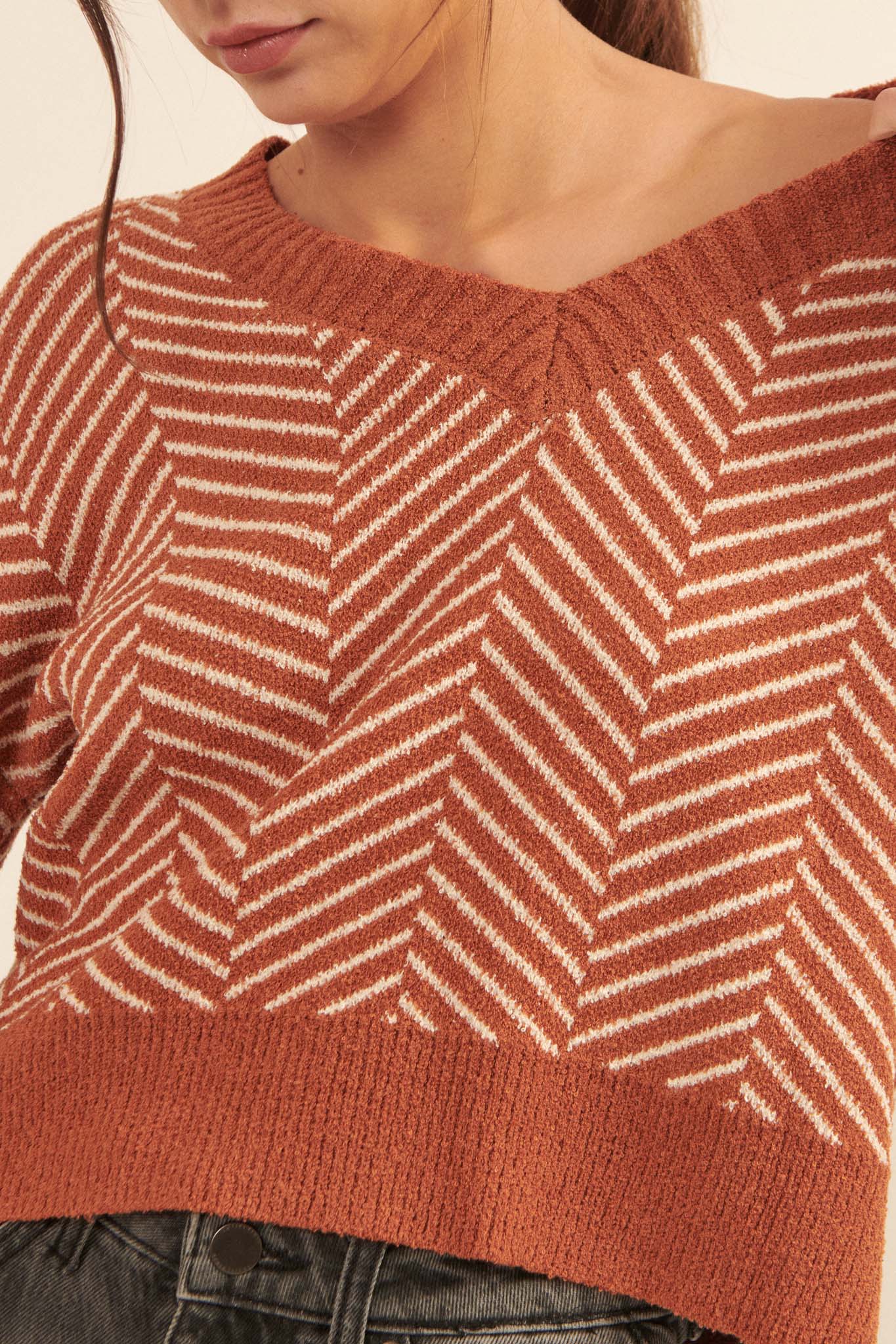 New Direction Herringbone Stripe V-Neck Sweater - ShopPromesa