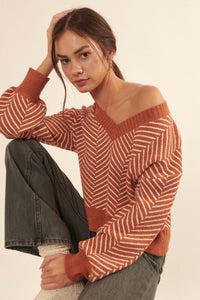 New Direction Herringbone Stripe V-Neck Sweater - ShopPromesa