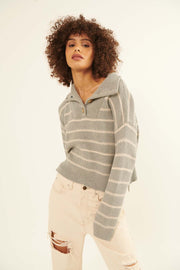 True Self Striped Half-Button Collared Sweater - ShopPromesa